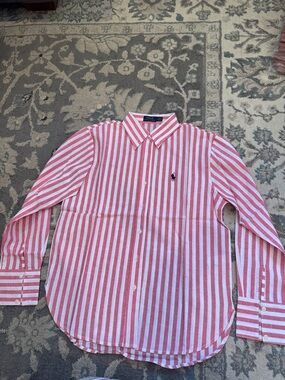 Polo by Ralph Lauren Pink & White Vertical Stripe Cotton Button-Down Shirt
